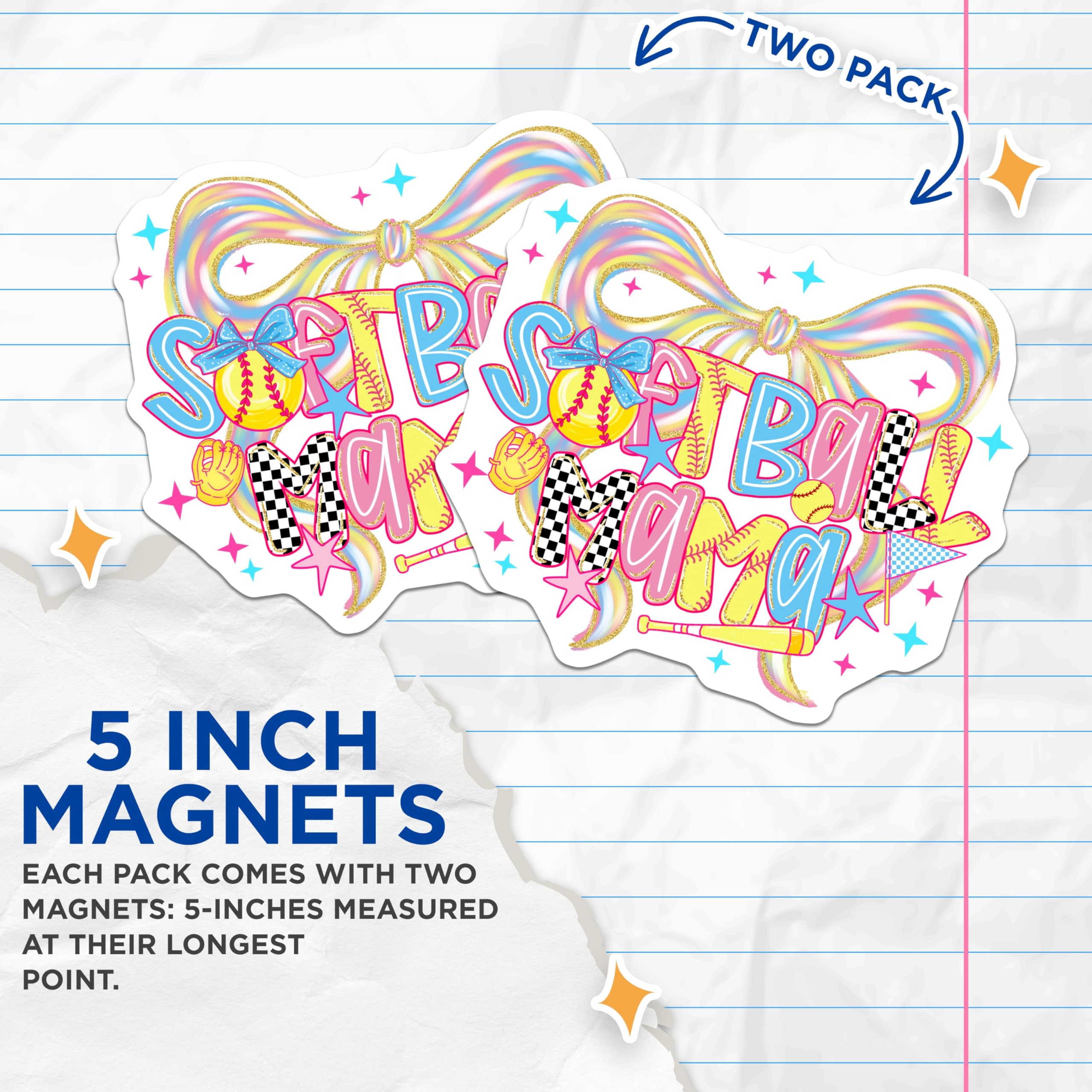 (2 Pack) Softball Mama Magnets - Rainbow Sports Mom Vehicle Decor - Cheerful Game Day Locker Refrigerator Magnets - 5 Inches On Longest Side - Thick Durable Magnet - Made in USA - MAG22060