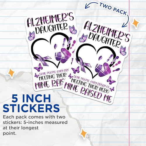 (2 Pack) Alzheimers Daughter Stickers - Hero Raised Me Sticker - Purple Ribbon Butterfly Decal - 5" On Longest Side - Sticks to Smooth Flat Surfaces - Made in USA - BMCS9788