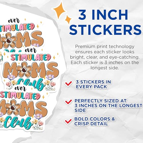 (3 Pack) Overstimulated Moms Club Decals - Floral Mom Decal - Funny Mom Saying - 3 Inches On Longest Side - Easy Peel & Apply - Made in USA - 3MCS6472