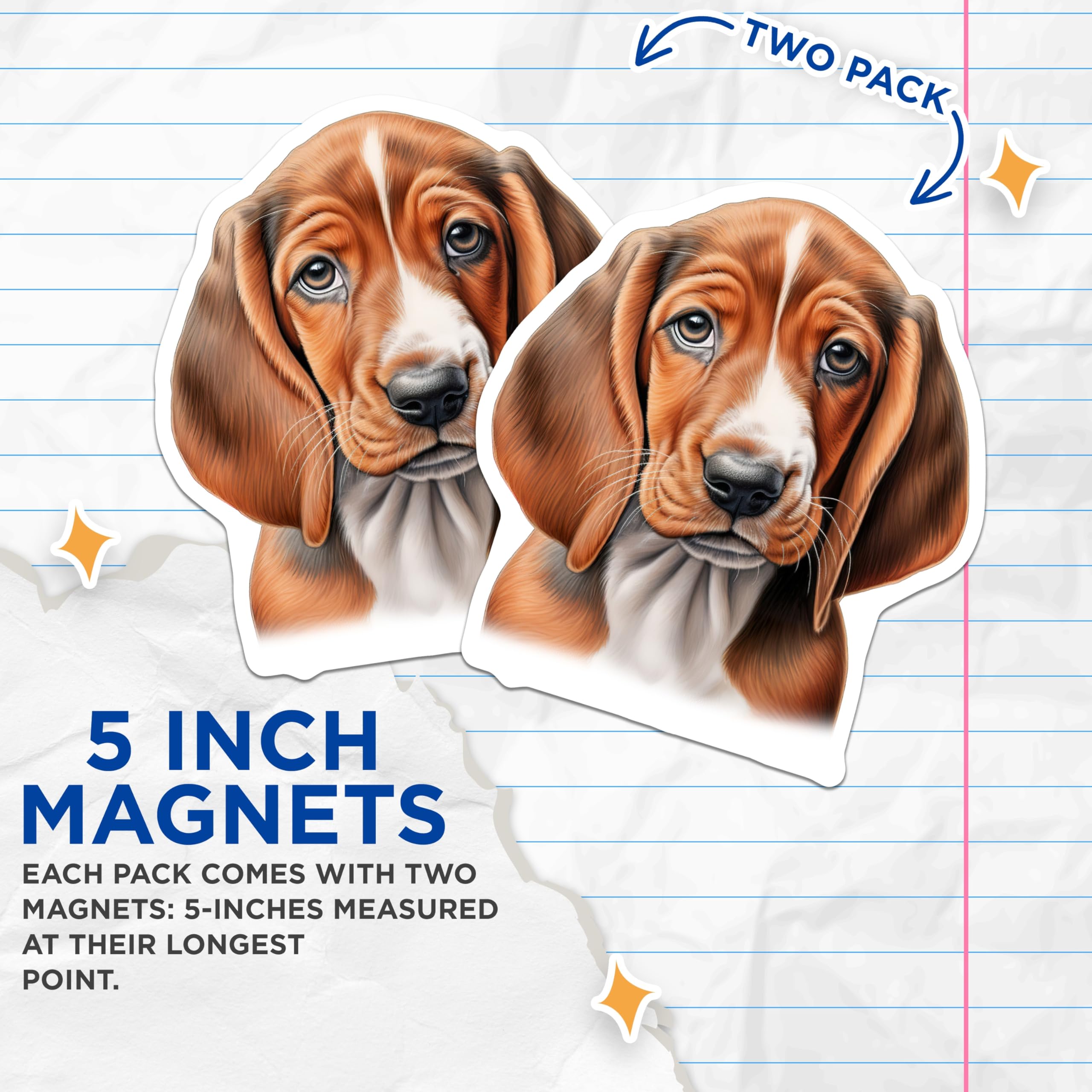 (2 Pack) Basset Hound Puppy Magnets - Cute Dog Lover Refrigerator Decor - Pet Owner Kitchen Accessories - 5 Inches On Longest Side - Thick Durable Magnet - Made in USA - MAG26536
