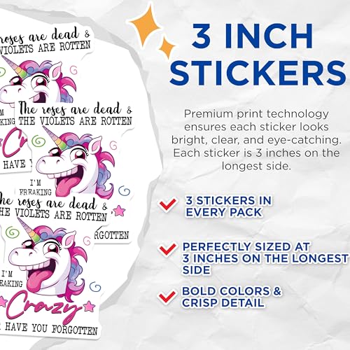 (3 Pack) Crazy Unicorn Decals - Funny Unicorn - Quote Decal - Laptop Decal - 3 Inches On Longest Side - Easy Peel & Apply - Made in USA - 3MCS6571