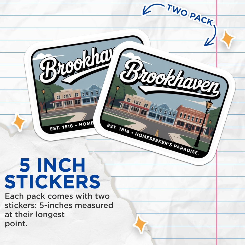 (2 Pack) Brookhaven Stickers - Mississippi Travel Stickers - Homeseekers Paradise Decals - 5" On Longest Side - Sticks to Smooth Flat Surfaces - Made in USA - BMCS17445