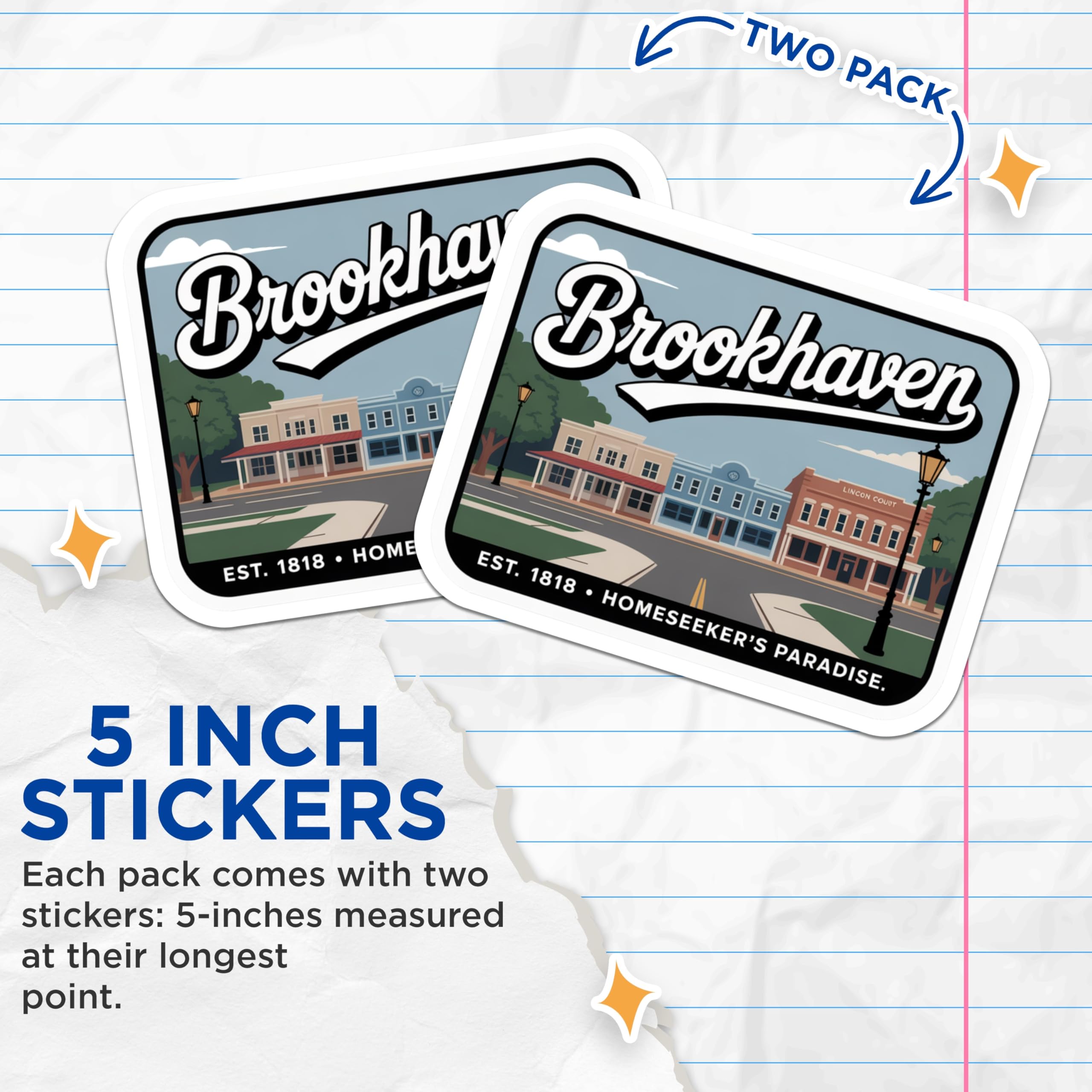 (2 Pack) Brookhaven Stickers - Mississippi Travel Stickers - Homeseekers Paradise Decals - 5" On Longest Side - Sticks to Smooth Flat Surfaces - Made in USA - BMCS17445