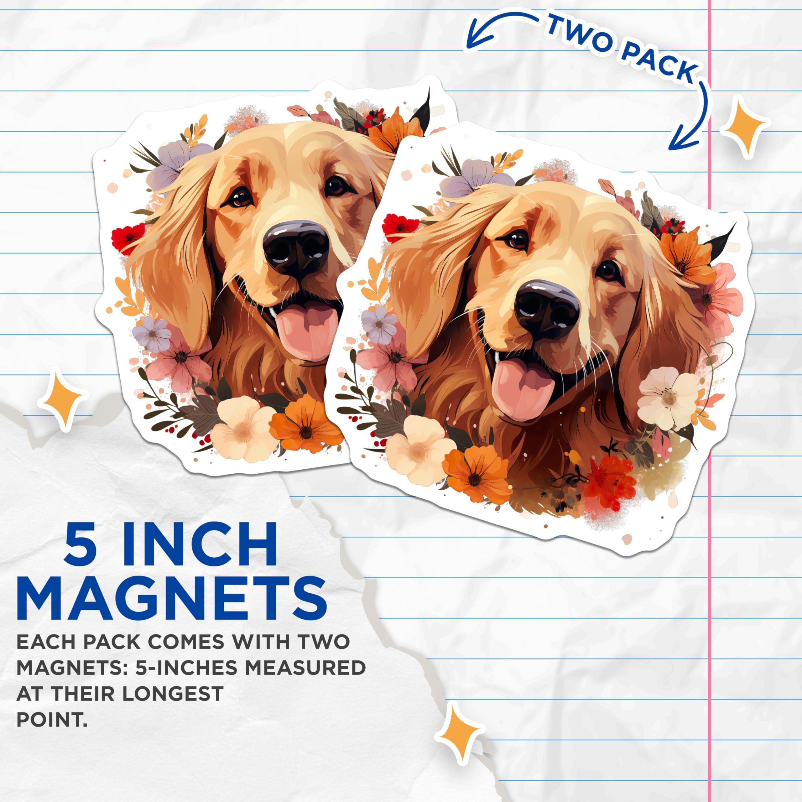 (2 Pack) Golden Retriever Magnets for Fridge - Floral Dog Art Decor - Adorable Pet Lover Kitchen Locker Display - 5 Inches On Longest Side - Thick Durable Magnet - Made in USA - MAG24037