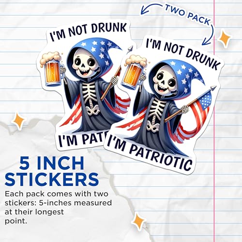 (2 Pack) Patriotic Skeleton Stickers - Funny Drinking - Grim Reaper with USA Flag - 5" On Longest Side - Sticks to Smooth Flat Surfaces - Made in USA - BMCS7917