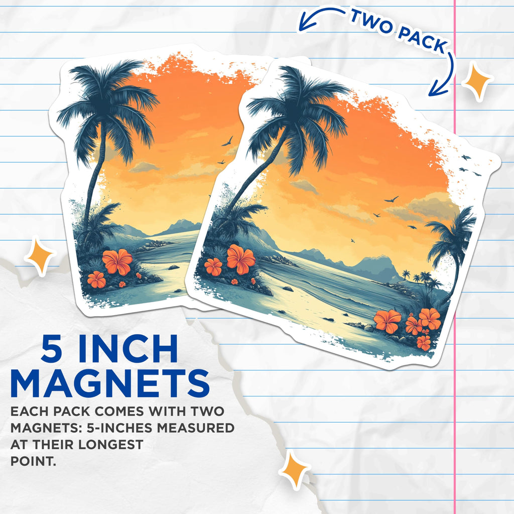 (2 Pack) Tropical Beach Magnets - Palm Tree Sunset Ocean View - Aesthetic Home Decor Souvenir - 5 Inches On Longest Side - Thick Durable Magnet - Made in USA - MAG25420
