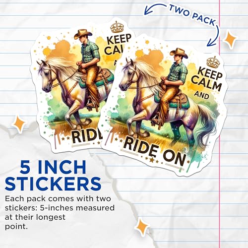 (2 Pack) Keep Calm and Ride On Stickers - Horse Riding - Inspirational Quote - 5" On Longest Side - Sticks to Smooth Flat Surfaces - Made in USA - BMCS6664