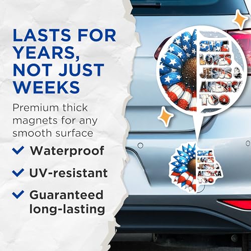 (2 Pack) She Loves Jesus Magnets - American Flag Patriotic - Christian Faith Home Decor - 5" On Longest Side - for Cars, Fridges, Toolboxes - Made in USA - MAG7450