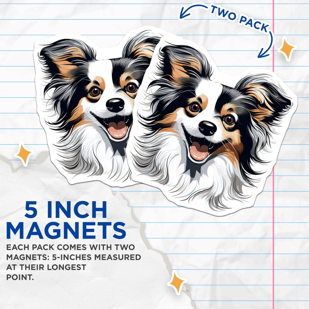 (2 Pack) Papillon Dog Magnets - Smiling Papillon Art Illustration - Happy Fluffy Dog Owner Decor - Animal Lover Collectibles - 5 Inches On Longest Side - Thick Durable Magnet - Made in USA - MAG24088