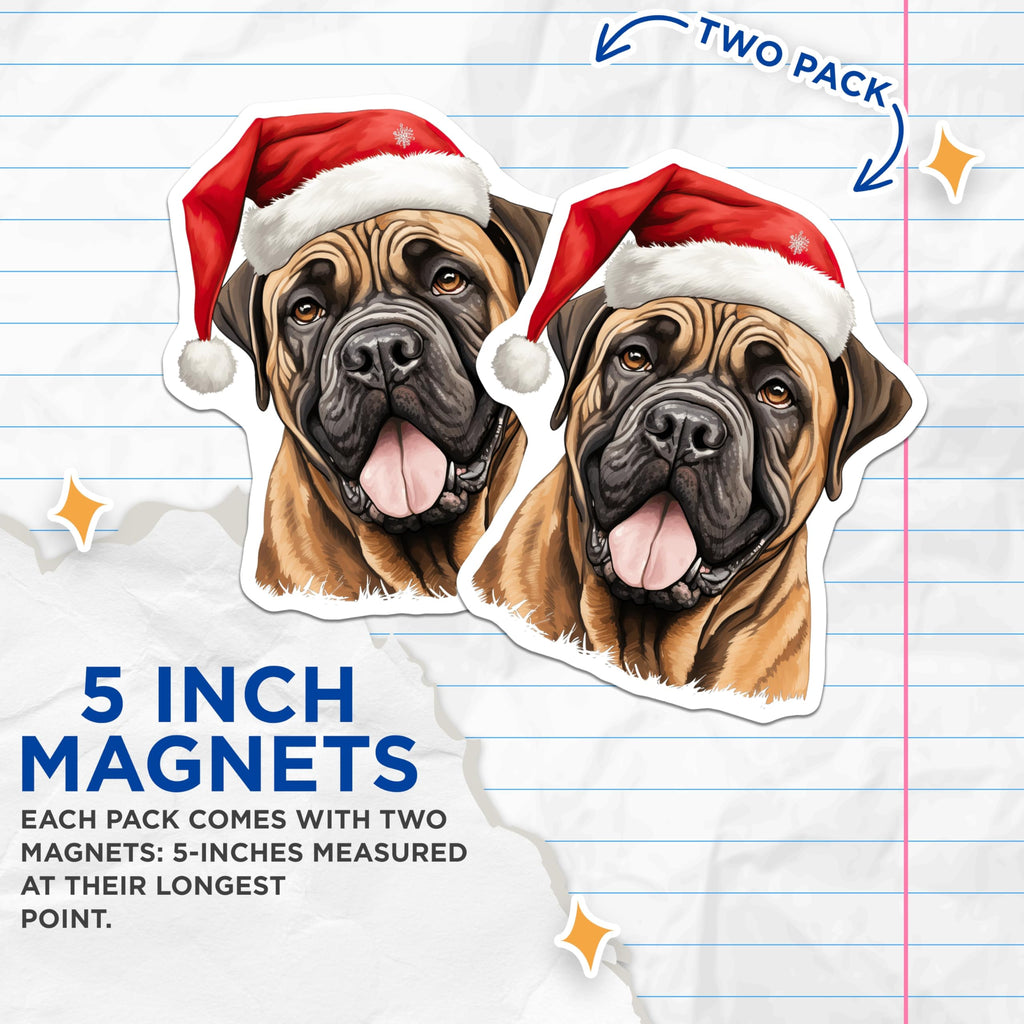 (2 Pack) Christmas Bullmastiff Magnets - Santa Hat Dog Decor - Holiday Pet Lover Present - 5 Inches On Longest Side - Thick Durable Magnet - Made in USA - MAG27520