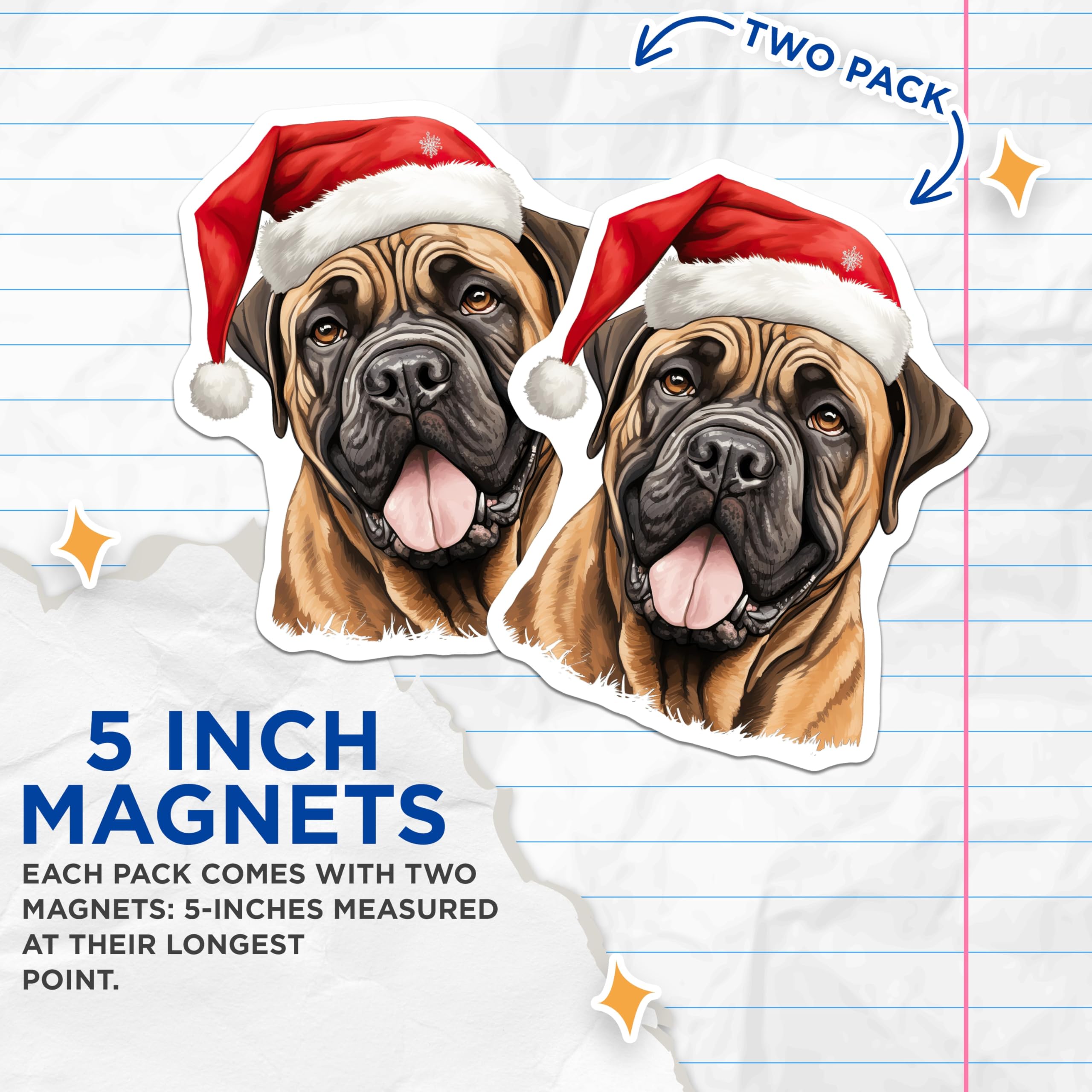 (2 Pack) Christmas Bullmastiff Magnets - Santa Hat Dog Decor - Holiday Pet Lover Present - 5 Inches On Longest Side - Thick Durable Magnet - Made in USA - MAG27520