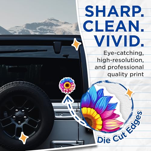 (2 Pack) Colorful Flower Stickers - Sunflower Art - Vibrant Bloom Decal - 5" On Longest Side - Sticks to Smooth Flat Surfaces - Made in USA - BMCS6653