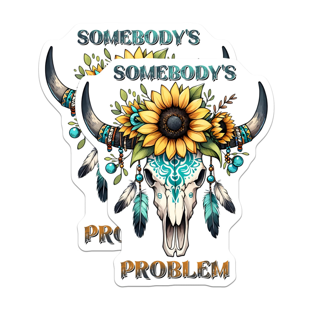 (2 Pack) Cow Skull Stickers - Sunflower Stickers - Boho Stickers - Somebody's Problem- 5" On Longest Side - Sticks to Smooth Flat Surfaces - Made in USA - BMCS16326