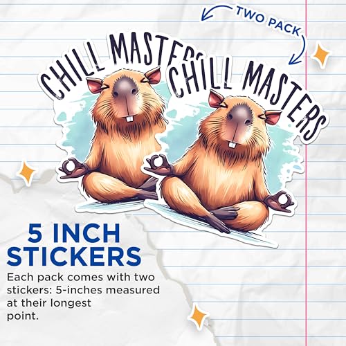(2 Pack) Chill Masters Stickers - Zen Capybara Stickers - Relaxation Animal Stickers - 5" On Longest Side - Sticks to Any Smooth Flat Surface - Made in USA - BMCS2658