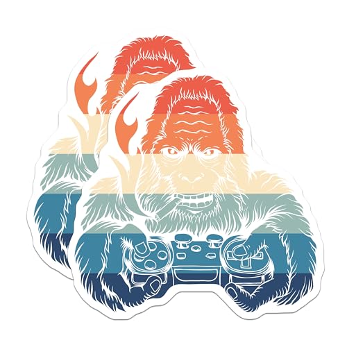 (2 Pack) Sasquatch Gamer Stickers - Bigfoot Gaming Stickers - Retro Video Game Decal - 5" On Longest Side - Sticks to Any Smooth Flat Surface - Made in USA - BMCS3362