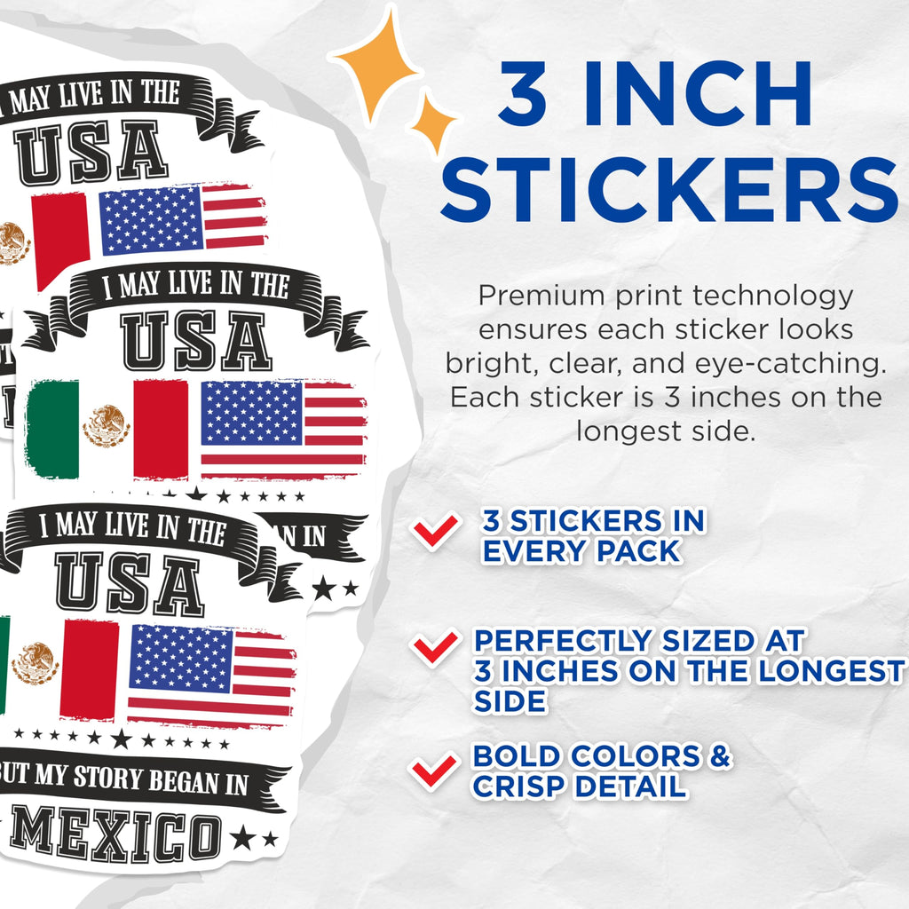 (3 Pack) Mexico USA Flag Decals - Mexican American Pride - Dual Citizenship Decals - 3 Inches On Longest Side - Easy Peel & Apply - Made in USA - 3MCS4542