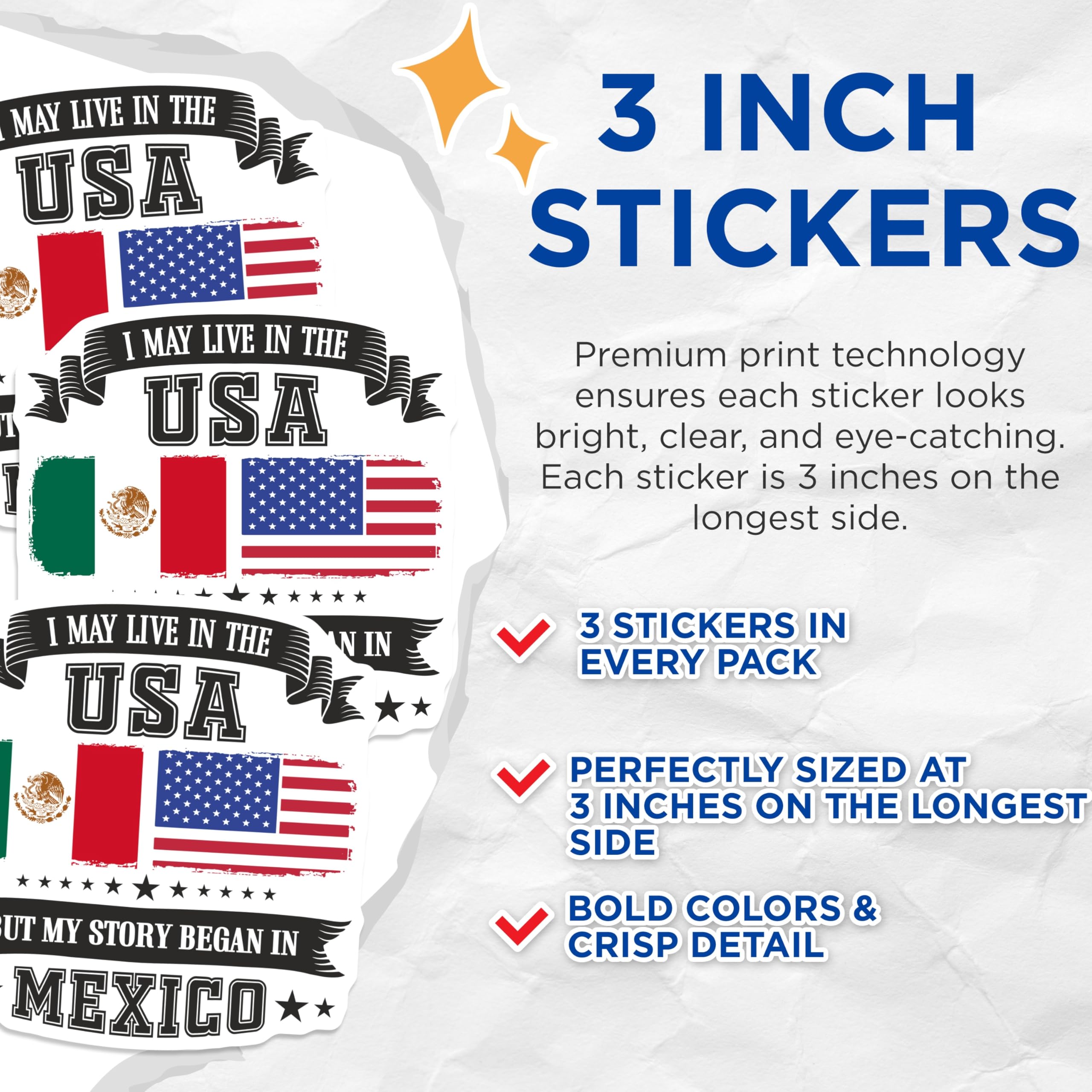 (3 Pack) Mexico USA Flag Decals - Mexican American Pride - Dual Citizenship Decals - 3 Inches On Longest Side - Easy Peel & Apply - Made in USA - 3MCS4542
