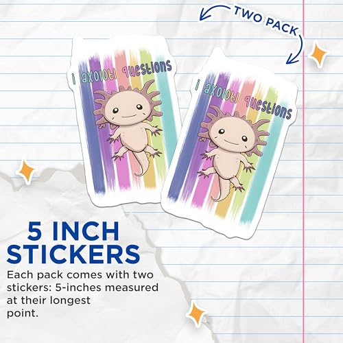 (2 Pack) Axolotl Questions Stickers - Cute Animal Illustration - Fun Decal for Notebooks Laptops Water Bottles - 5" On Longest Side - Sticks to Smooth Flat Surfaces - Made in USA - BMCS7774