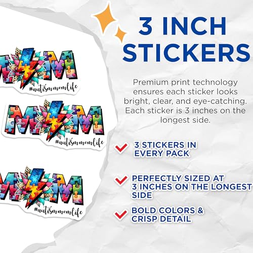 (3 Pack) Autism Mom Life Decals - Puzzle Piece Decal - Supportive Mom Decal - 3 Inches On Longest Side - Easy Peel & Apply - Made in USA - 3MCS6882