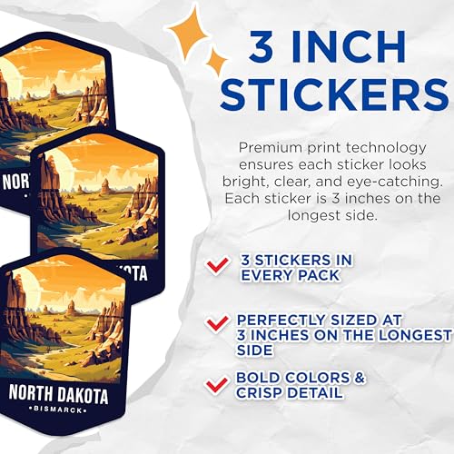 (3 Pack) North Dakota Decals - Bismarck - Travel Stickers - Laptop Decal - 3 Inches On Longest Side - Easy Peel & Apply - Made in USA - 3MCS0375