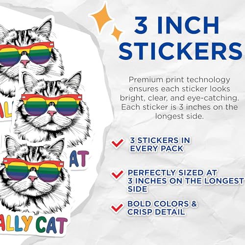 (3 Pack) Ally Cat Decals - LGBTQ Pride Decal - Rainbow Sunglasses Decal - 3 Inches On Longest Side - Easy Peel & Apply - Made in USA - 3MCS8310