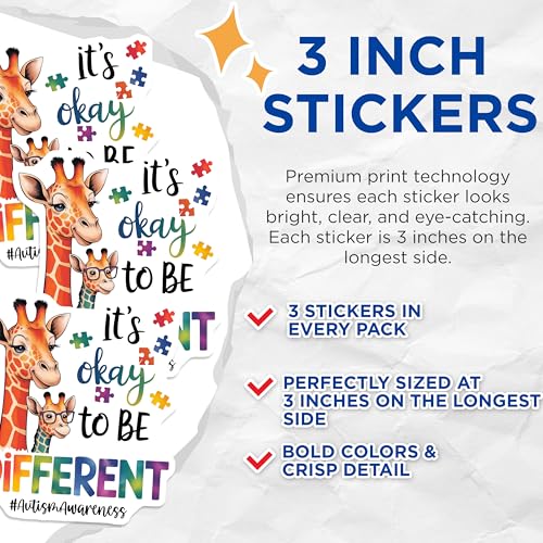(3 Pack) Autism Awareness Decals - Giraffe Sticker - Its Okay to Be Different - 3 Inches On Longest Side - Easy Peel & Apply - Made in USA - 3MCS0055