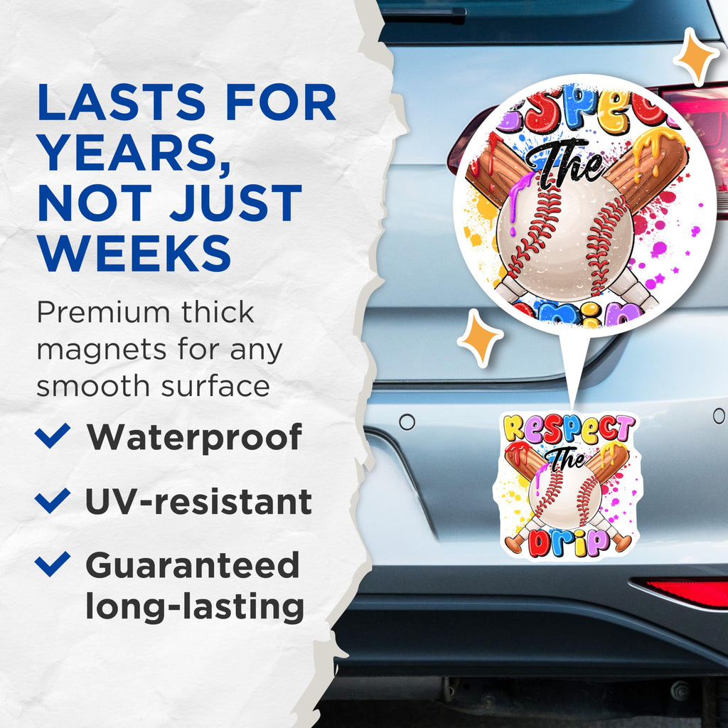 (2 Pack) Baseball Magnets - Respect The Drip Quote - Sports Decor Player Coach - Locker Refrigerator Magnets - 5 Inches On Longest Side - Thick Durable Magnet - Made in USA - MAG29800