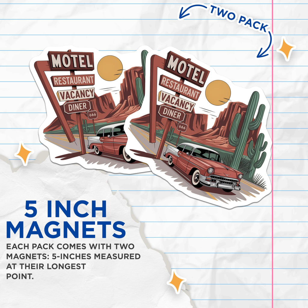 (2 Pack) Vintage Car Magnets - Desert Road Trip Scene - Retro Motel Diner Sign - Saguaro Cactus Art - 5 Inches On Longest Side - Thick Durable Magnet - Made in USA - MAG21644