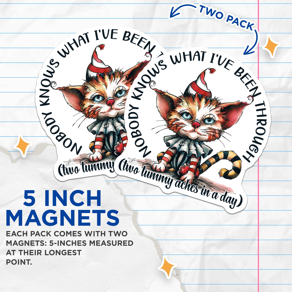 (2 Pack) Funny Cat Magnets - Whimsical Tummy Ache Quote - Sarcastic Cat Lover Decor - 5 Inches On Longest Side - Thick Durable Magnet - Made in USA - MAG39033