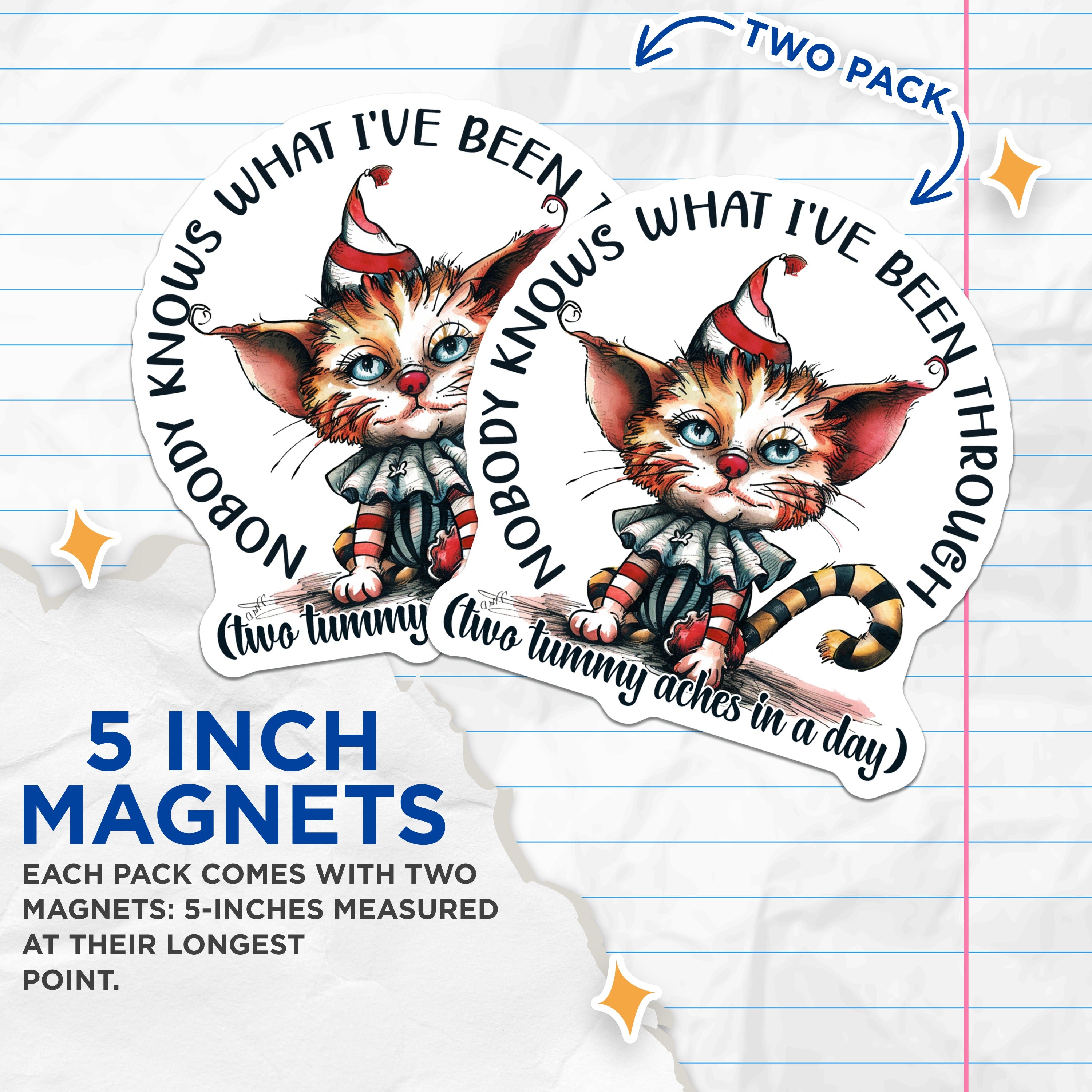 (2 Pack) Funny Cat Magnets - Whimsical Tummy Ache Quote - Sarcastic Cat Lover Decor - 5 Inches On Longest Side - Thick Durable Magnet - Made in USA - MAG39033