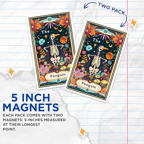 (2 Pack) Penguin Skeleton Magnets - Penguin Illustration - Quirky Animal Art - Space Fantasy - Colorful Kitchen Magnets - 5" On Longest Side - for Cars, Fridges, Toolboxes - Made in USA - MAG3706
