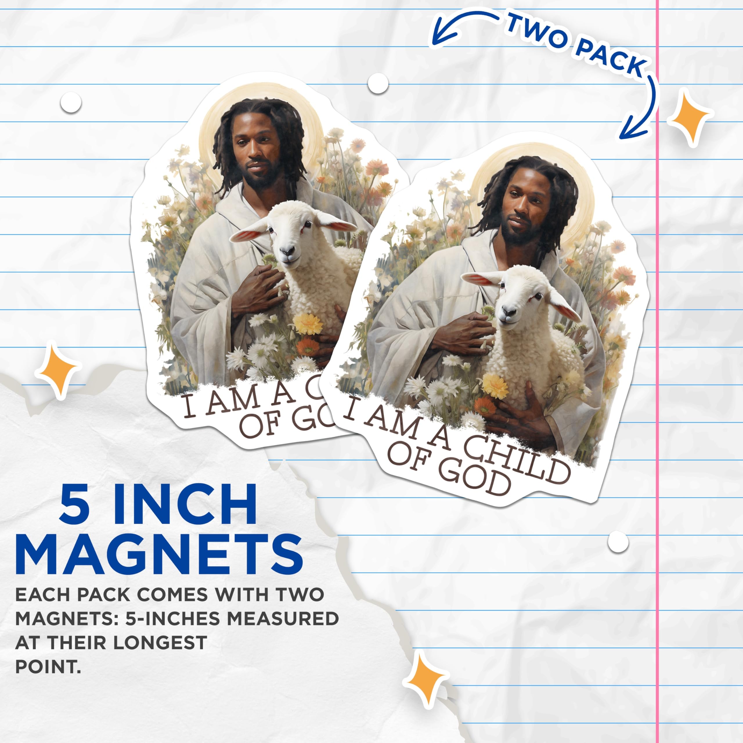 (2 Pack) Black Jesus with Lamb Magnets - Inspirational Religious Decor - Child of God Affirmation Statement - 5 Inches On Longest Side - Thick Durable Magnet - Made in USA - MAG22251