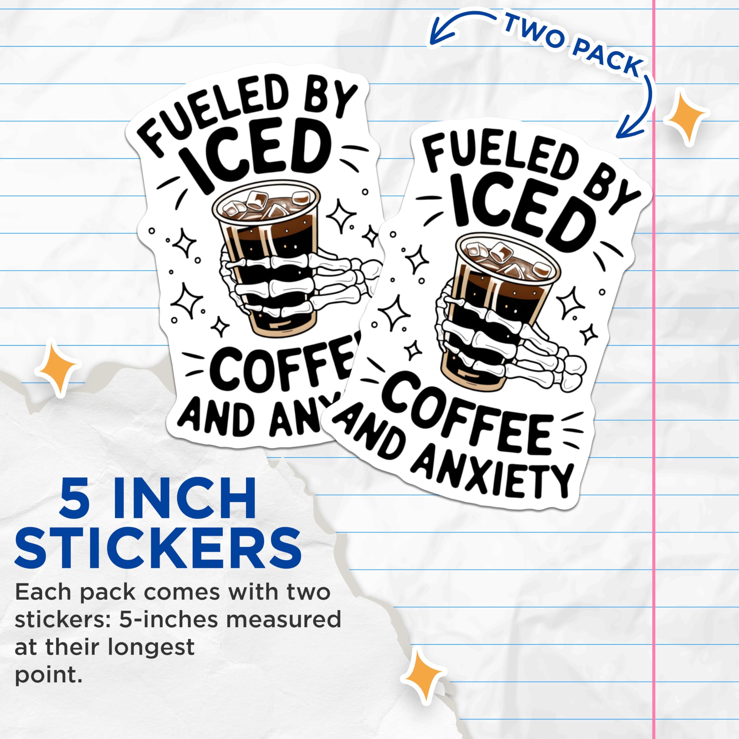 (2 Pack) Fueled by Iced Coffee Stickers - Funny Skeleton Stickers - Anxiety Relief Sticker Pack - 5" On Longest Side - Sticks to Smooth Flat Surfaces - Made in USA - BMCS3629