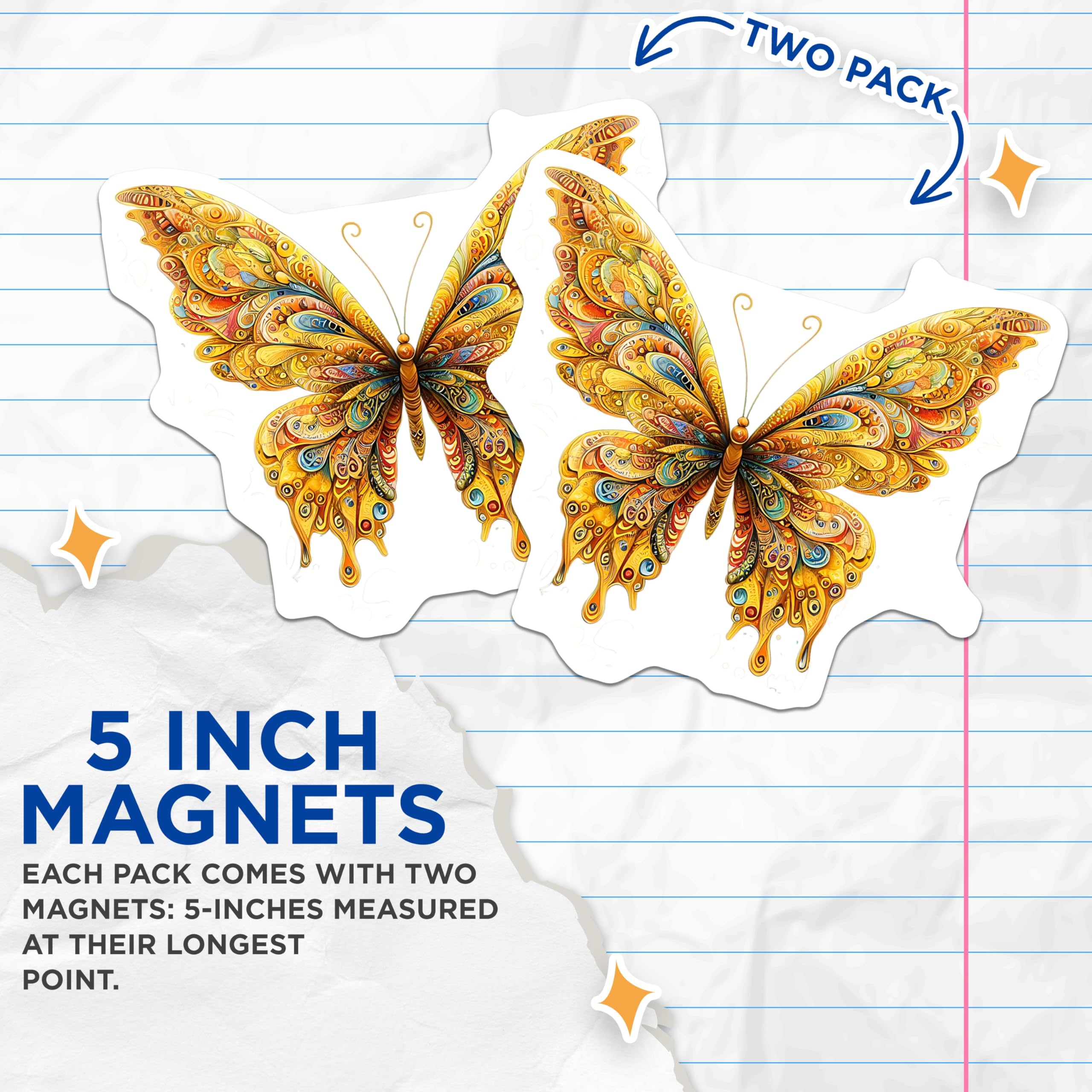 (2 Pack) Butterfly Magnets - Decorative Fridge Magnets - Artistic Butterfly Decor - 5" On Longest Side - Premium Magnet - for Cars, Refrigerators, Toolboxes, Lockers - Made in USA - MAG14275