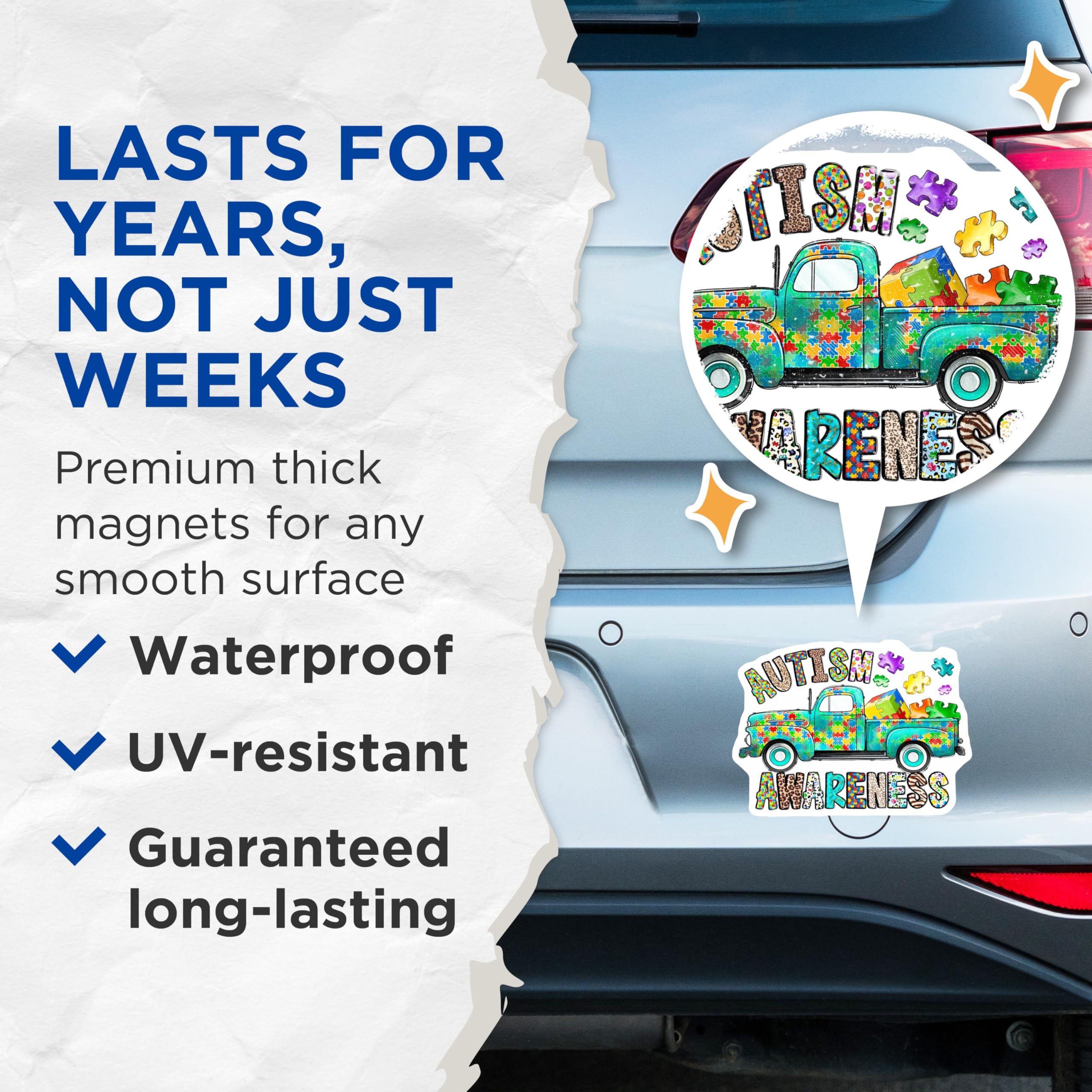(2 Pack) Autism Awareness Truck Magnets - Neurodiversity Puzzle Piece Design - Vintage Pickup Support Advocacy - 5 Inches On Longest Side - Thick Durable Magnet - Made in USA - MAG28654