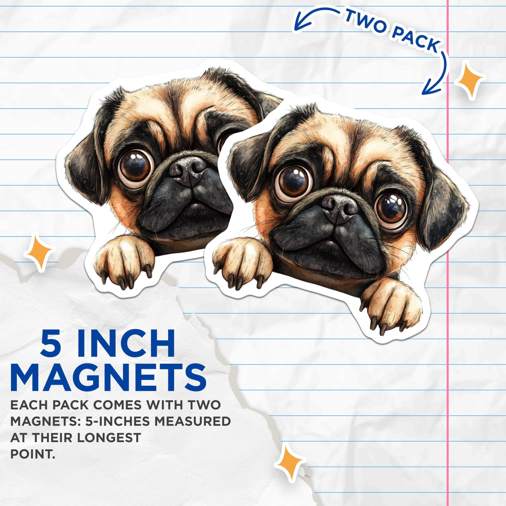 (2 Pack) Pug Magnets - Cute Dog Fridge Decorations - Adorable Pet Lover Kitchen Accessories - 5" On Longest Side - Premium Magnet - for Cars, Refrigerators, Toolboxes, Lockers - Made in USA - MAG14560