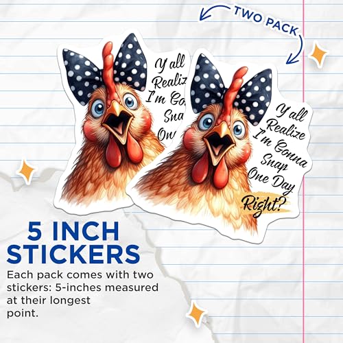 (2 Pack) Chicken Snap Stickers - Hilarious Chicken Quote Decals - Funny Animal Stickers for Laptops and Water Bottles - 5" On Longest Side - Sticks to Smooth Flat Surfaces - Made in USA - BMCS4511