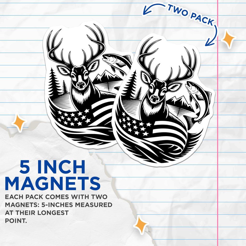 (2 Pack) Deer and Fish Magnets - USA Flag Wildlife - Hunting Fishing Decor - 5" On Longest Side - Premium Magnet - for Cars, Refrigerators, Toolboxes, Lockers - Made in USA - MAG16894