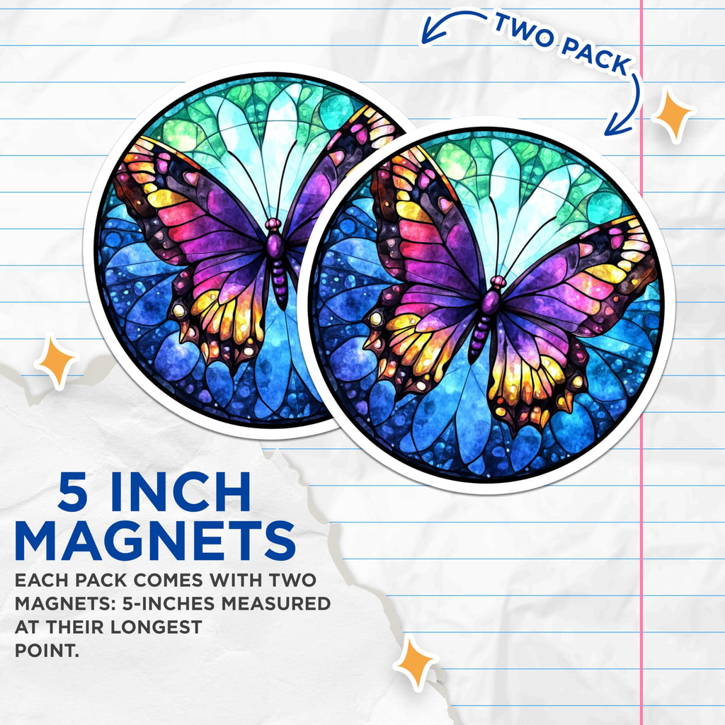(2 Pack) Stained Glass Butterfly Magnets - Vibrant Insect Decor - Colorful Window Art Aesthetic - 5 Inches On Longest Side - Thick Durable Magnet - Made in USA - MAG24275