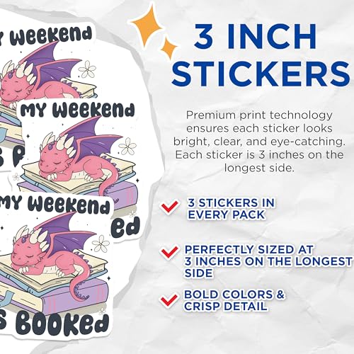 (3 Pack) Dragon Reading Decals - Book Lover - My Weekend is Booked Sticker - 3 Inches On Longest Side - Easy Peel & Apply - Made in USA - 3MCS4690