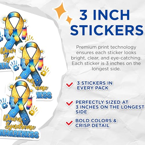 (3 Pack) Down Syndrome Decals - Awareness Ribbon - Socks and Hands Stickers - 3 Inches On Longest Side - Easy Peel & Apply - Made in USA - 3MCS6977