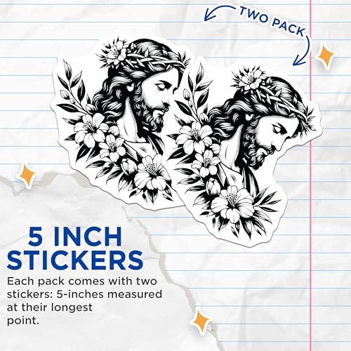 (2 Pack) Religious Art Stickers - Flower Jesus Sticker - Floral Jesus Decal - 5" On Longest Side - Sticks to Smooth Flat Surfaces - Made in USA - BMCS7331