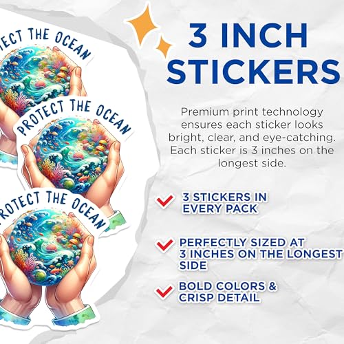 (3 Pack) Protect Ocean Decals - Save Sea Life - Environmental Awareness - 3 Inches On Longest Side - Easy Peel & Apply - Made in USA - 3MCS6711