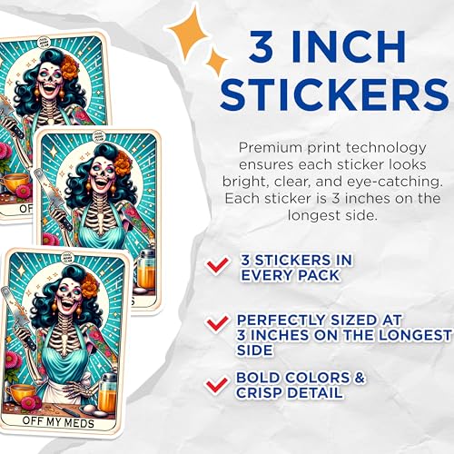 (3 Pack) Crazy Baker Decals - Skeleton Chef - Tattooed Skull Lady Decals - 3 Inches On Longest Side - Easy Peel & Apply - Made in USA - 3MCS1329