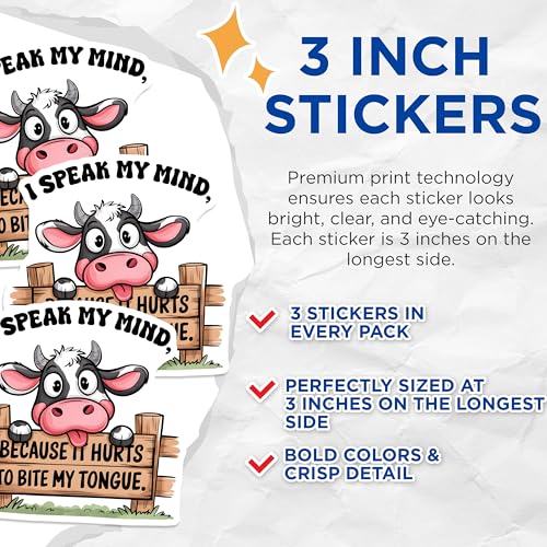 (3 Pack) Funny Cow Decals - I Speak My Mind Decal - Sarcastic Decal Stickers - 3 Inches On Longest Side - Easy Peel & Apply - Made in USA - 3MCS8474