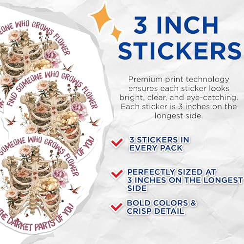 (3 Pack) Floral Rib Cage Decals - Anatomy Flower Decals - Motivational Quote Stickers - 3 Inches On Longest Side - Easy Peel & Apply - Made in USA - 3MCS7799