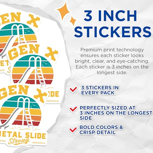 (3 Pack) Gen X Decals - Retro Metal Slide Decal - 80s Nostalgia Stickers - 3 Inches On Longest Side - Easy Peel & Apply - Made in USA - 3MCS4365