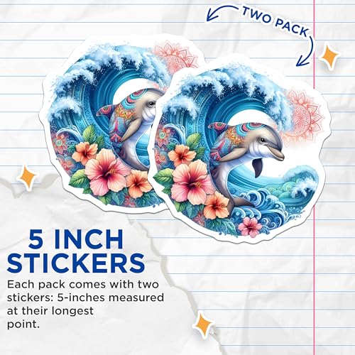 (2 Pack) Dolphin Hibiscus Stickers - Ocean Wave Stickers - Mandala Art Stickers - 5" On Longest Side - Sticks to Smooth Flat Surfaces - Made in USA - BMCS9485