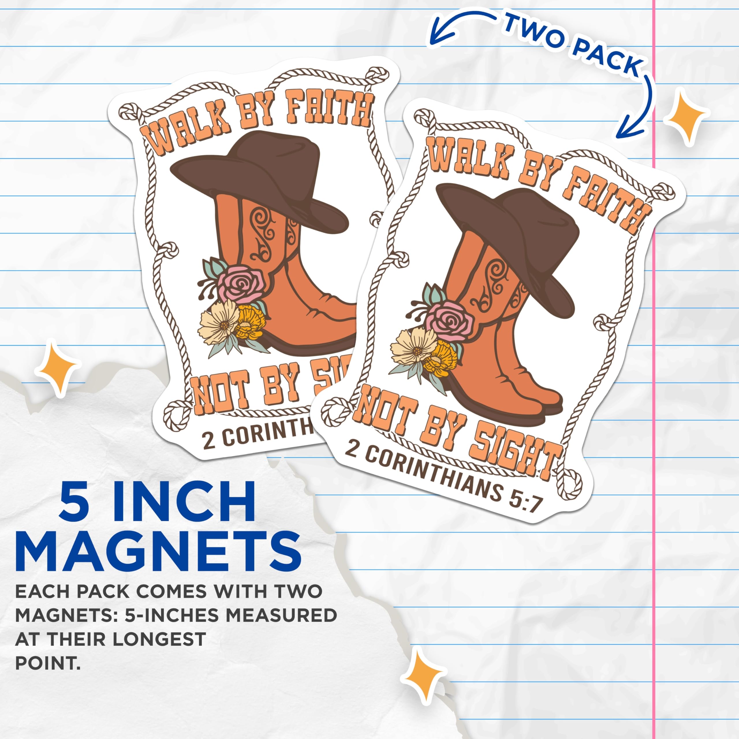 (2 Pack) Walk by Faith Magnets - Cowboy Boots Hat - Religious Decor - 5" On Longest Side - Premium Magnet - for Cars, Refrigerators, Toolboxes, Lockers - Made in USA - MAG17186