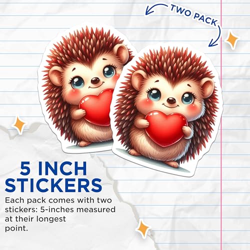 (2 Pack) Cute Hedgehog Heart Stickers - Adorable Animal Stickers - Cute Love Stickers - 5" On Longest Side - Sticks to Smooth Flat Surfaces - Made in USA - BMCS3671